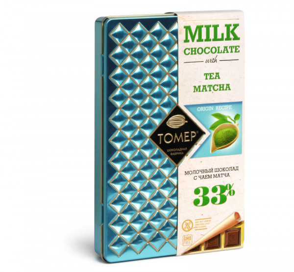№1 Фабрика Томер металлический бокс Молочный шоколад с чаем МАТЧА ,33%  90г в Щёлково
